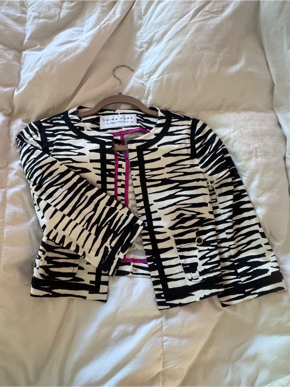 Trina Turk Black and White Zebra-Print Girls' Jacket with Pink Trim